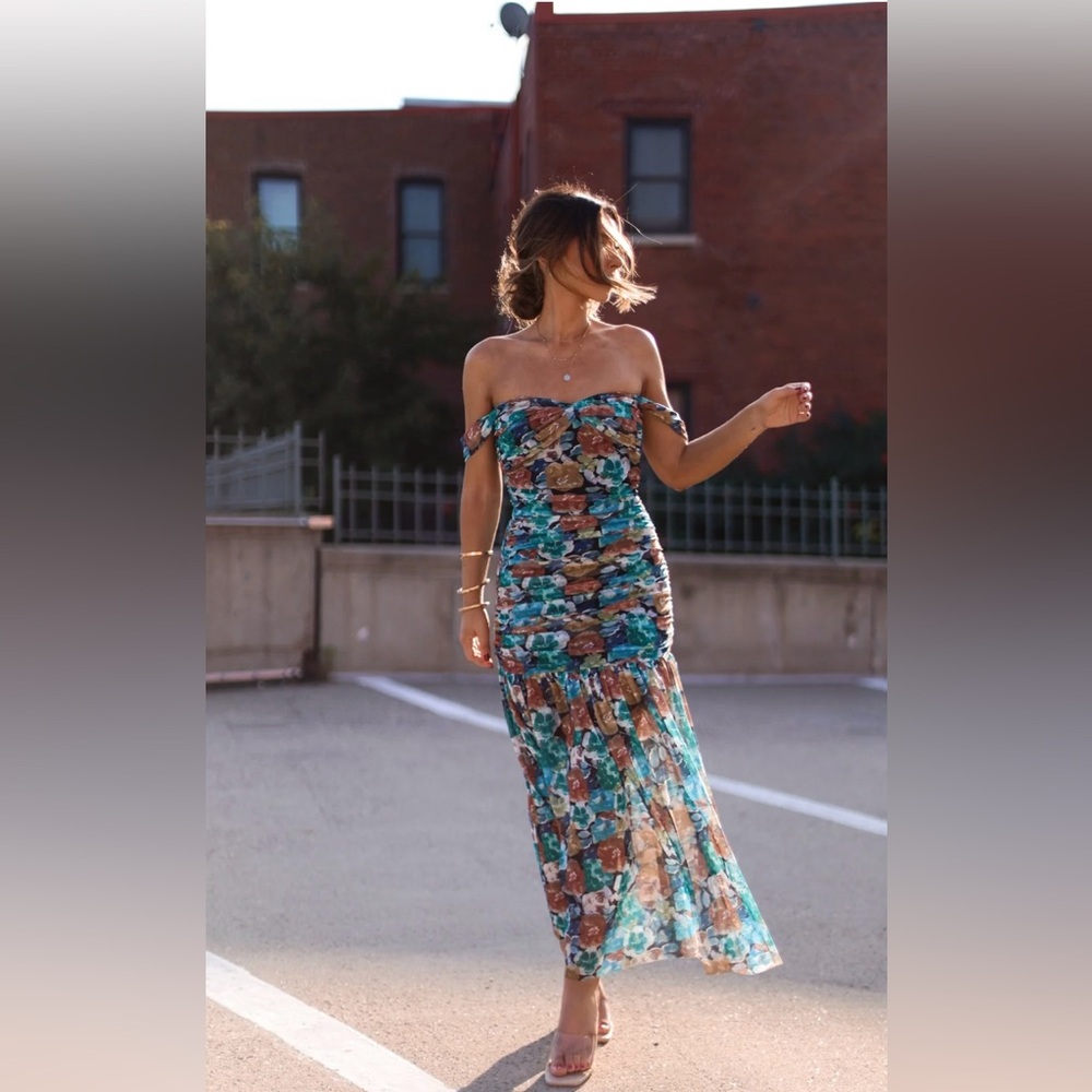 Promesa Off-Shoulder Floral Maxi Dress in Teal, Brown & Coral